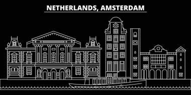 Amsterdam siluet manzarası. Hollanda - Amsterdam vektör şehir, Hollandalı doğrusal mimarisi. Amsterdam satır seyahat illüstrasyon, yerler. Hollanda düz simgesi, Hollandalı anahat tasarım afiş