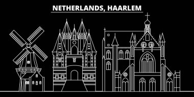 Haarlem siluet manzarası. Hollanda - Haarlem vektör şehir, Hollandalı doğrusal mimarisi, binalar. Haarlem seyahat illüstrasyon, anahat yerler. Hollanda düz simgesi, Hollandalı hat afiş