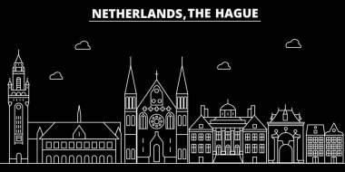 Lahey siluet manzarası. Hollanda - Lahey vektör şehir, Hollandalı doğrusal mimarisi, binalar. Lahey seyahat illüstrasyon, anahat yerler. Hollanda düz simgesi, Hollandalı hat afiş