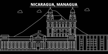 Managua siluet manzarası. Nikaragua - Managua vektör şehir, Nikaragua doğrusal mimarisi, binalar. Managua seyahat illüstrasyon, anahat yerler. Nikaragua düz simgesi, Nikaragua hat afiş