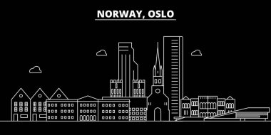 Oslo siluet manzarası. Norveç - Oslo vektör şehir, Norveç doğrusal mimarisi, binalar. Oslo seyahat illüstrasyon, anahat yerler. Norveç düz simgesi, Norveç hat afiş