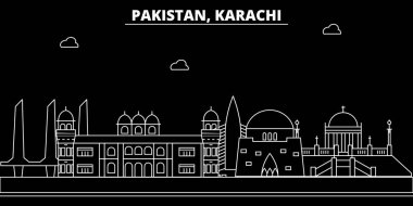 Karaçi siluet manzarası. Pakistan - Karaçi vektör şehir, Pakistanlı doğrusal mimarisi, binalar. Karaçi seyahat illüstrasyon, anahat yerler. Pakistan düz simgesi, Pakistanlı hat afiş