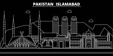 Islamabad siluet manzarası. Pakistan - Islamabad vektör şehir, Pakistanlı doğrusal mimarisi, binalar. Islamabad seyahat illüstrasyon, anahat yerler. Pakistan düz simgesi, Pakistanlı hat afiş