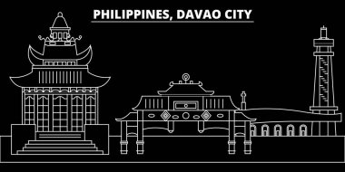 Davao City siluet manzarası. Filipinler - Davao City vektör şehir, filipino doğrusal mimarisi. Davao City seyahat illüstrasyon, anahat yerler. Filipinler düz simgesi, filipino hat afiş