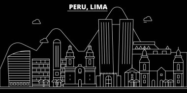 Peru siluet manzarası, vektör şehir, Perulu doğrusal mimarisi, binalar. Peru seyahat illüstrasyon, anahat landmarkflat simgesi, Perulu hat afiş