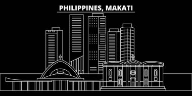 Makati siluet manzarası. Filipinler - Makati vektör şehir, filipino doğrusal mimarisi, binalar. Makati seyahat illüstrasyon, anahat yerler. Filipinler düz simgesi, filipino hat afiş
