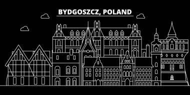 Bydgoszcz siluet manzarası. Polonya - Bydgoszcz vektör şehir, doğrusal mimarisi, binalar Lehçe. Bydgoszcz seyahat illüstrasyon, anahat yerler. Polonya düz simgesi, Lehçe hat afiş