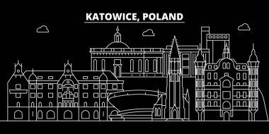 Katowice siluet manzarası. Polonya - Katowice vektör şehir, doğrusal mimarisi, binalar Lehçe. Katowice Seyahat illüstrasyon, anahat yerler. Polonya düz simgesi, Lehçe hat afiş