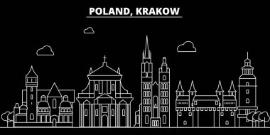 Krakow siluet manzarası. Polonya - Krakow vektör şehir, doğrusal mimarisi, binalar Lehçe. Krakow Seyahat illüstrasyon, anahat yerler. Polonya düz simgesi, Lehçe hat afiş