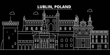 Lublin siluet manzarası. Polonya - Lublin vektör şehir, doğrusal mimarisi, binalar Lehçe. Lublin seyahat illüstrasyon, anahat yerler. Polonya düz simgesi, Lehçe hat afiş