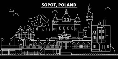 Sopot siluet manzarası. Polonya - Sopot vektör şehir, doğrusal mimarisi, binalar Lehçe. Sopot seyahat illüstrasyon, anahat yerler. Polonya düz simgesi, Lehçe hat afiş