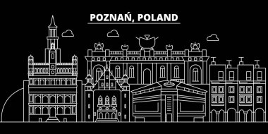 Poznan siluet manzarası. Polonya - Poznan vektör şehir, doğrusal mimarisi, binalar Lehçe. Poznan Seyahat illüstrasyon, anahat yerler. Polonya düz simgesi, Lehçe hat afiş