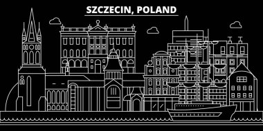 Szczecin siluet manzarası. Polonya - Szczecin vektör şehir, doğrusal mimarisi, binalar Lehçe. Szczecin seyahat illüstrasyon, anahat yerler. Polonya düz simgesi, Lehçe hat afiş