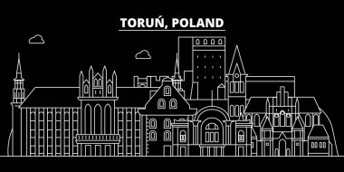 Torun siluet manzarası. Polonya - Torun vektör şehir, doğrusal mimarisi, binalar Lehçe. Torun seyahat illüstrasyon, anahat yerler. Polonya düz simgesi, Lehçe hat afiş