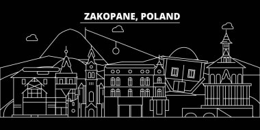 Zakopane siluet manzarası. Polonya - Zakopane vektör şehir, doğrusal mimarisi, binalar Lehçe. Zakopane seyahat illüstrasyon, anahat yerler. Polonya düz simgesi, Lehçe hat afiş
