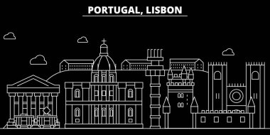 Lizbon siluet manzarası. Portekiz - Lizbon vektör şehir, Portekizli doğrusal mimarisi, binalar. Lizbon seyahat illüstrasyon, anahat yerler. Portekiz düz simgesi, Portekizli hat afiş
