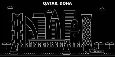 Doha siluet manzarası. Katar - Doha vektör şehir, Katar doğrusal mimarisi, binalar. Doha seyahat illüstrasyon, anahat yerler. Katar düz simgesi, Katar hat afiş