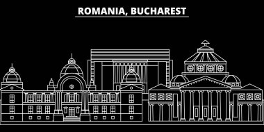 Bükreş siluet manzarası. Romanya - Bükreş vektör şehir, Romen doğrusal mimarisi, binalar. Bükreş seyahat illüstrasyon, anahat yerler. Romanya düz simgesi, Romen hat afiş
