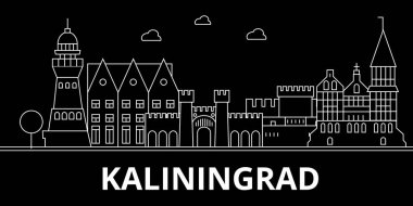 Kaliningrad siluet manzarası. Rusya - Kaliningrad vektör şehir, Rusya doğrusal mimarisi, binalar. Kaliningrad seyahat illüstrasyon, anahat yerler. Rusya düz simgesi, Rus hat afiş