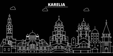 Karelya siluet manzarası. Rusya - Karelya vektör şehir, Rusya doğrusal mimarisi, binalar. Karelya seyahat illüstrasyon, anahat yerler. Rusya düz simgesi, Rus hat afiş