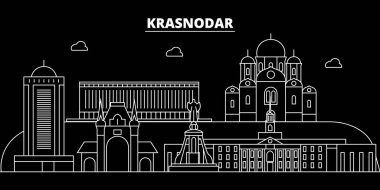Krasnodar siluet manzarası. Rusya - Krasnodar vektör şehir, Rusya doğrusal mimarisi, binalar. Krasnodar seyahat illüstrasyon, anahat yerler. Rusya düz simgesi, Rus hat afiş