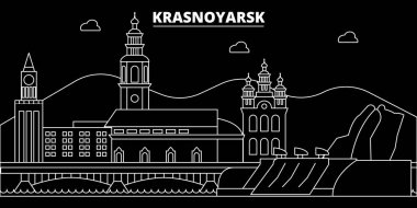 Krasnoyarsk siluet manzarası. Rusya - Krasnoyarsk vektör şehir, Rusya doğrusal mimarisi, binalar. Krasnoyarsk Seyahat illüstrasyon, anahat yerler. Rusya düz simgesi, Rus hat afiş