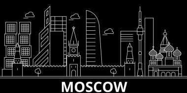 Moskova siluet manzarası. Rusya - Moskova vektör şehir, Rusya doğrusal mimarisi, binalar. Moskova seyahat illüstrasyon, anahat yerler. Rusya düz simgesi, Rus hat afiş