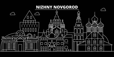 Nijniy Novgorod siluet manzarası. Rusya - Nijniy Novgorod vektör şehir, Rusya doğrusal mimarisi. Nijniy Novgorod Seyahat illüstrasyon, anahat yerler. Rusya düz simgesi, Rus hat afiş