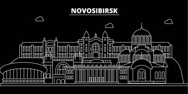 Novosibirsk siluet manzarası. Rusya - Novosibirsk vektör şehir, Rusya doğrusal mimarisi, binalar. Novosibirsk seyahat illüstrasyon, anahat yerler. Rusya düz simgesi, Rus hat afiş