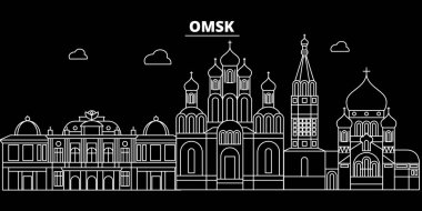 Omsk siluet manzarası. Rusya - Omsk vektör şehir, Rusya doğrusal mimarisi, binalar. Omsk seyahat illüstrasyon, anahat yerler. Rusya düz simgesi, Rus hat afiş