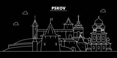 Pskov siluet manzarası. Rusya - Pskov vektör şehir, Rusya doğrusal mimarisi, binalar. Pskov seyahat illüstrasyon, anahat yerler. Rusya düz simgesi, Rus hat afiş