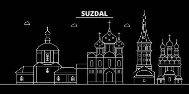 Suzdal siluet manzarası. Rusya - Suzdal vektör şehir, Rusya doğrusal mimarisi, binalar. Suzdal seyahat illüstrasyon, anahat yerler. Rusya düz simgesi, Rus hat afiş