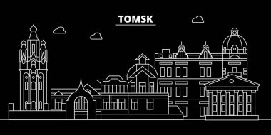 Tomsk siluet manzarası. Rusya - Tomsk vektör şehir, Rusya doğrusal mimarisi, binalar. Tomsk seyahat illüstrasyon, anahat yerler. Rusya düz simgesi, Rus hat afiş