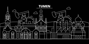 Tümen siluet manzarası. Rusya - tümen vektör şehir, Rusya doğrusal mimarisi, binalar. Tümen seyahat illüstrasyon, anahat yerler. Rusya düz simgesi, Rus hat afiş