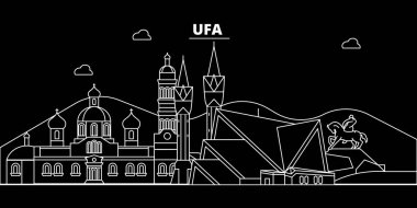 Ufa siluet manzarası. Rusya - Ufa vektör şehir, Rusya doğrusal mimarisi, binalar. Ufa seyahat illüstrasyon, anahat yerler. Rusya düz simgesi, Rus hat afiş