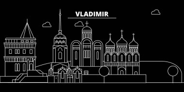 Vladimir siluet manzarası. Rusya - Vladimir vektör şehir, Rusya doğrusal mimarisi, binalar. Vladimir seyahat illüstrasyon, anahat yerler. Rusya düz simgesi, Rus hat afiş