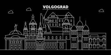 Volgograd siluet manzarası. Rusya - Volgograd vektör şehir, Rusya doğrusal mimarisi, binalar. Volgograd Seyahat illüstrasyon, anahat yerler. Rusya düz simgesi, Rus hat afiş