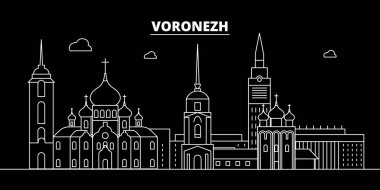 Voronej siluet manzarası. Rusya - Voronej vektör şehir, Rusya doğrusal mimarisi, binalar. Voronej seyahat illüstrasyon, anahat yerler. Rusya düz simgesi, Rus hat afiş