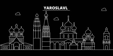 Yaroslavl siluet manzarası. Rusya - Yaroslavl vektör şehir, Rusya doğrusal mimarisi, binalar. Yaroslavl seyahat illüstrasyon, anahat yerler. Rusya düz simgesi, Rus hat afiş