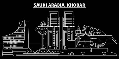 Khobar siluet manzarası. Suudi Arabistan - Khobar vektör city, Suudi Arabistan doğrusal mimarisi. Khobar seyahat illüstrasyon, anahat yerler. Suudi Arabistan düz simgesi, Suudi Arabistanlı hat afiş
