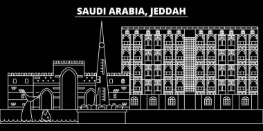 Cidde siluet manzarası. Suudi Arabistan - Cidde vektör city, Suudi Arabistan doğrusal mimarisi. Cidde seyahat illüstrasyon, anahat yerler. Suudi Arabistan düz simgesi, Suudi Arabistanlı hat afiş