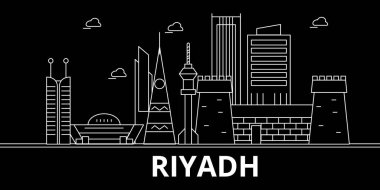Riyad siluet manzarası. Suudi Arabistan - Riyad vektör city, Suudi Arabistan doğrusal mimarisi. Riyad seyahat illüstrasyon, anahat yerler. Suudi Arabistan düz simgesi, Suudi Arabistanlı hat afiş