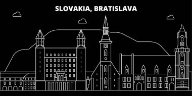 Bratislava siluet manzarası. Slovakya - Bratislava vektör şehir, Slovakça doğrusal mimarisi, binalar. Bratislava seyahat illüstrasyon, anahat yerler. Slovakya düz simgesi, Slovakça hat afiş