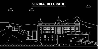 Belgrad siluet manzarası. Sırbistan - Belgrad vektör şehir, Sırp doğrusal mimarisi, binalar. Belgrad seyahat illüstrasyon, anahat yerler. Sırbistan düz simgesi, Sırp hat afiş