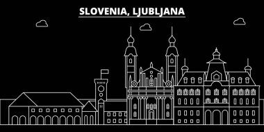 Ljubljana siluet manzarası. Slovenya - Ljubljana vektör şehir, Sloven doğrusal mimarisi, binalar. Ljubljana seyahat illüstrasyon, anahat yerler. Slovenya düz simgesi, Sloven hat afiş
