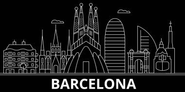Barcelona siluet manzarası. İspanya - Barcelona vektör şehir, İspanyol doğrusal mimarisi, binalar. Barcelona satır seyahat illüstrasyon, yerler. İspanya düz simgesi, İspanyol anahat tasarım afiş