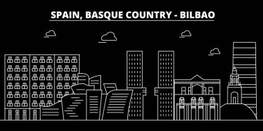 Bilbao, Bask Ülkesi siluet manzarası, vektör şehir, İspanyol doğrusal mimarisi, binalar. Bilbao, Bask Ülkesi illüstrasyon, anahat yerler seyahat. İspanya düz simgesi, İspanyol hat afiş