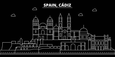 Cadiz siluet manzarası. İspanya - Cadiz vektör şehir, İspanyol doğrusal mimarisi, binalar. Cadiz seyahat illüstrasyon, anahat yerler. İspanya düz simgesi, İspanyol hat afiş