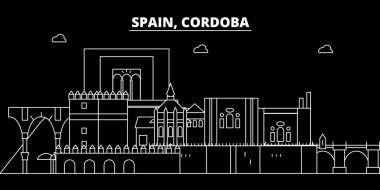 Cordoba siluet manzarası. İspanya - Cordoba vektör şehir, İspanyol doğrusal mimarisi, binalar. Cordoba Seyahat illüstrasyon, anahat yerler. İspanya düz simgesi, İspanyol hat afiş
