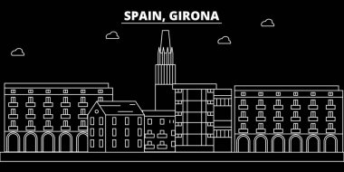 Girona siluet manzarası. İspanya - Girona vektör şehir, İspanyol doğrusal mimarisi, binalar. Girona seyahat illüstrasyon, anahat yerler. İspanya düz simgesi, İspanyol hat afiş